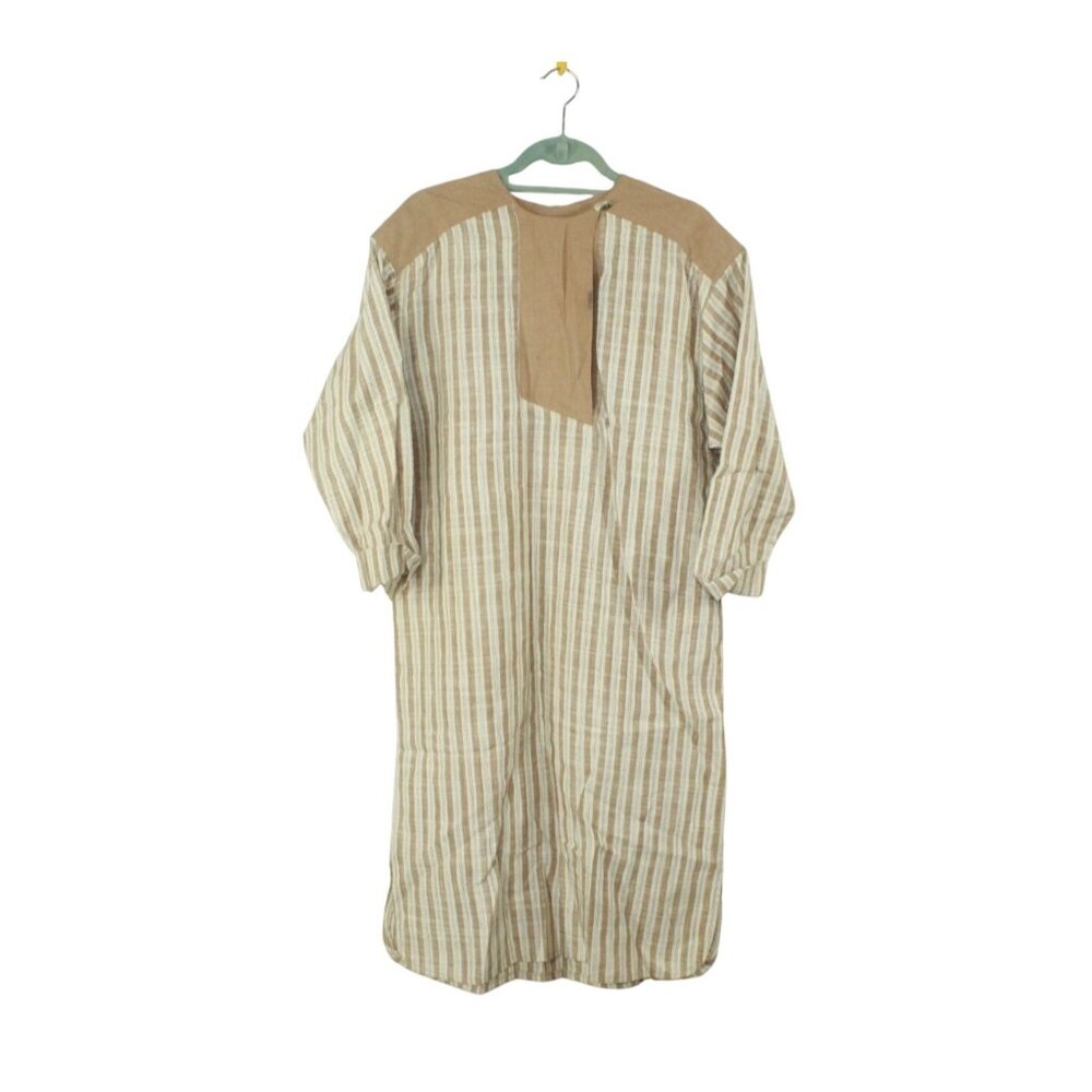 Charles Alan Stripe Woven Shift Cocktail Secretary Modest Midi Dress Tan